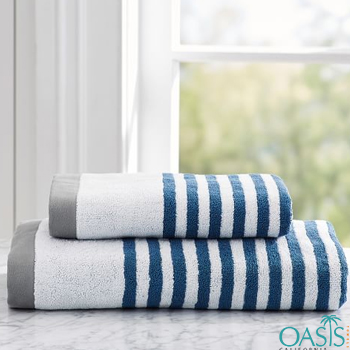 White Blue Stripe Satin Border Wholesale Organic Towels Manufacturer